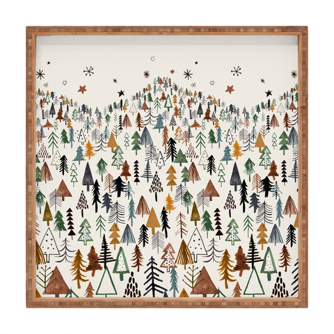 Ninola Design Trees Forest Landscape Green Gold Square Tray