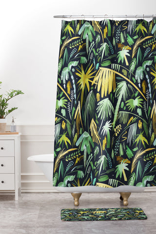 Ninola Design Tropical Expressive Palms Dark Shower Curtain And Mat