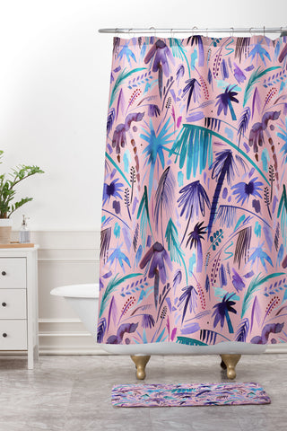Ninola Design Tropical Expressive Palms Pink Shower Curtain And Mat