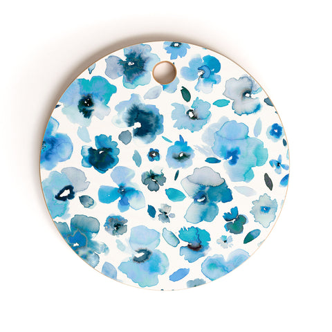 Ninola Design Tropical Flowers Blue Cutting Board Round