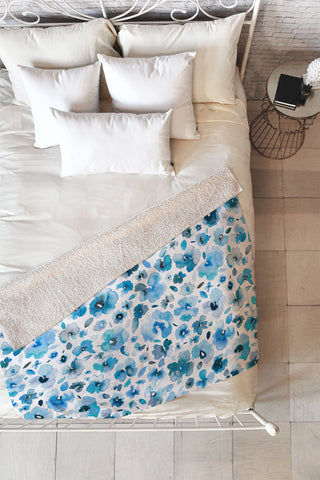 Ninola Design Tropical Flowers Blue Fleece Throw Blanket