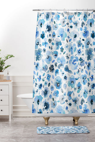 Ninola Design Tropical Flowers Blue Shower Curtain And Mat