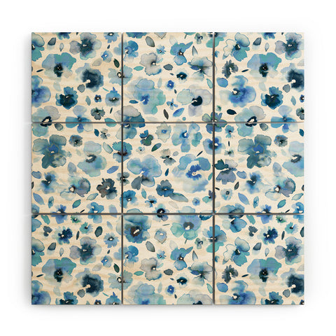 Ninola Design Tropical Flowers Blue Wood Wall Mural