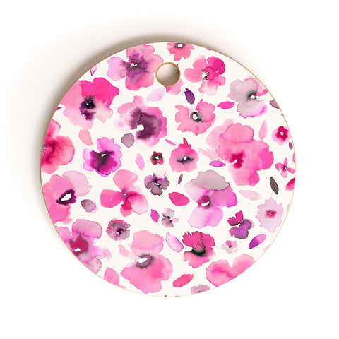 Ninola Design Tropical Flowers Watercolor Pink Cutting Board Round