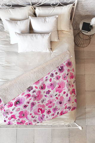 Ninola Design Tropical Flowers Watercolor Pink Fleece Throw Blanket