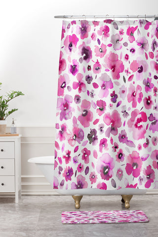 Ninola Design Tropical Flowers Watercolor Pink Shower Curtain And Mat