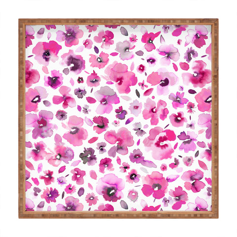 Ninola Design Tropical Flowers Watercolor Pink Square Tray