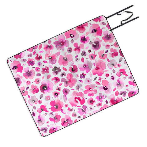 Ninola Design Tropical Flowers Watercolor Pink Picnic Blanket