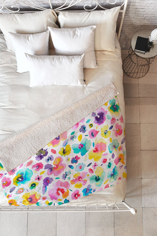 Ninola Design Tropical Flowers Watercolor Fleece Throw Blanket