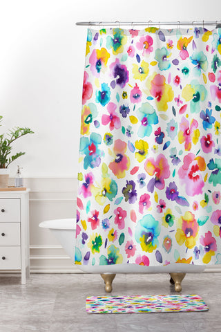 Ninola Design Tropical Flowers Watercolor Shower Curtain And Mat