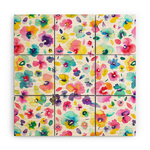 Ninola Design Tropical Flowers Watercolor Wood Wall Mural