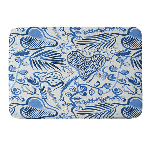 Ninola Design Tropical Forest Leaves Blue Memory Foam Bath Mat