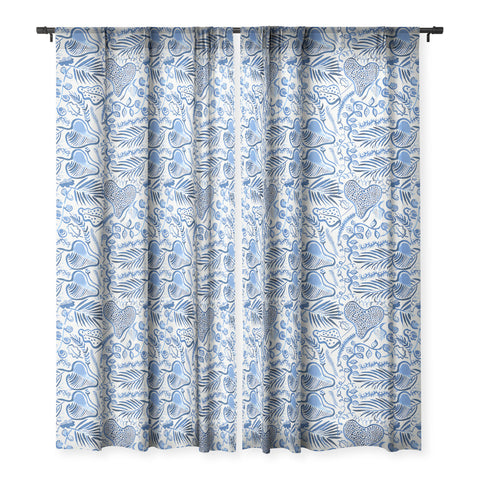 Ninola Design Tropical Forest Leaves Blue Sheer Window Curtain