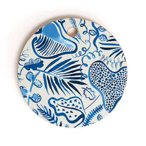 Ninola Design Tropical Forest Leaves Blue Cutting Board Round