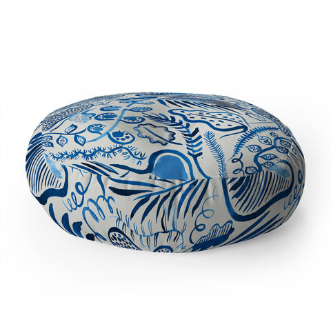 Ninola Design Tropical Forest Leaves Blue Floor Pillow Round