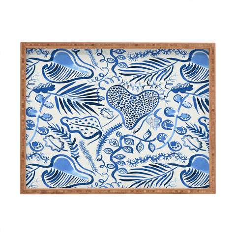 Ninola Design Tropical Forest Leaves Blue Rectangular Tray