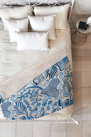 Ninola Design Tropical Forest Leaves Blue Fleece Throw Blanket