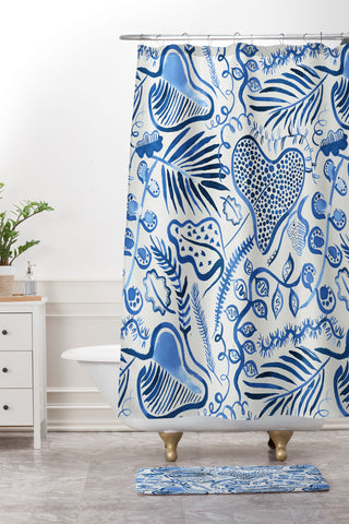 Ninola Design Tropical Forest Leaves Blue Shower Curtain And Mat
