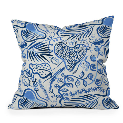 Ninola Design Tropical Forest Leaves Blue Throw Pillow