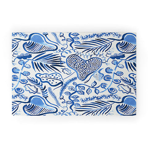 Ninola Design Tropical Forest Leaves Blue Welcome Mat