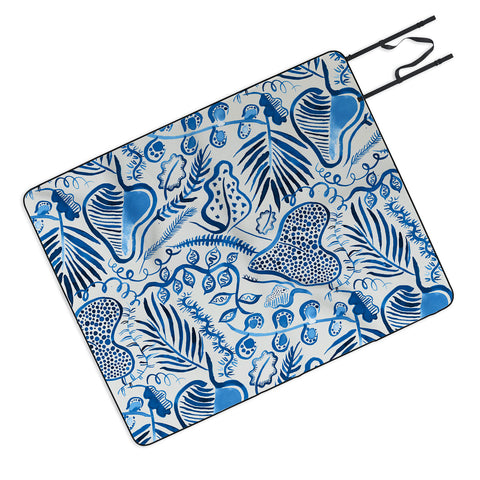 Ninola Design Tropical Forest Leaves Blue Picnic Blanket
