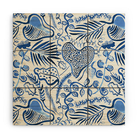 Ninola Design Tropical Forest Leaves Blue Wood Wall Mural