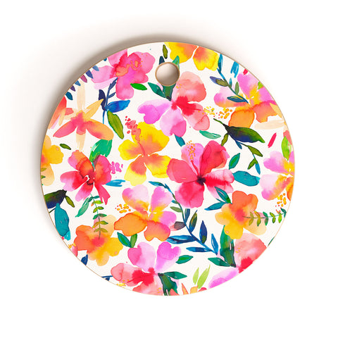 Ninola Design Tropical Hibiscus Flowers Pink Cutting Board Round