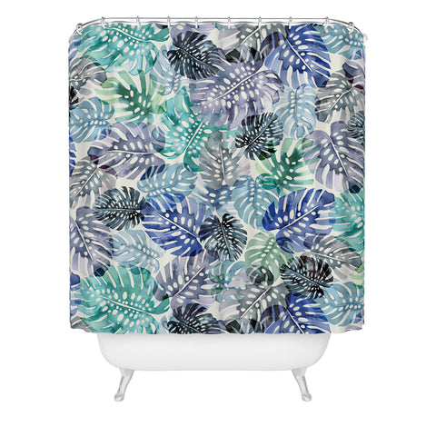 Ninola Design Tropical Jungle Leaves Blue Shower Curtain