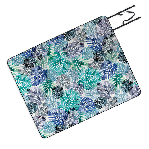 Ninola Design Tropical Jungle Leaves Blue Picnic Blanket