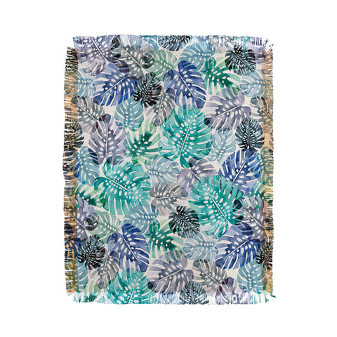 Ninola Design Tropical Jungle Leaves Blue Throw Blanket