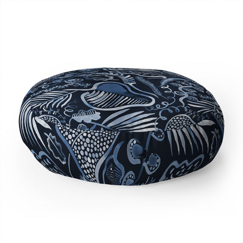 Ninola Design Tropical leaves forest Blue Floor Pillow Round