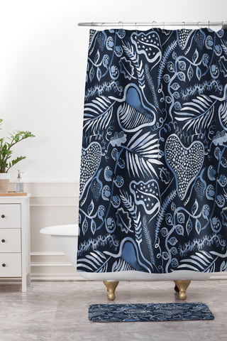 Ninola Design Tropical leaves forest Blue Shower Curtain And Mat
