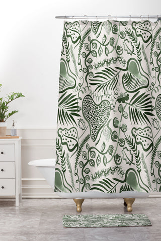 Ninola Design Tropical leaves forest Green Shower Curtain And Mat