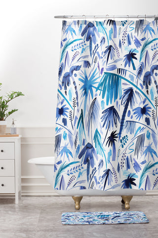 Ninola Design Tropical Relaxing Palms Blue Shower Curtain And Mat