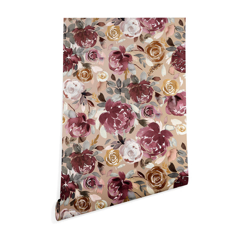 Ninola Design Vintage Peonies Beige Burgundy Wallpaper