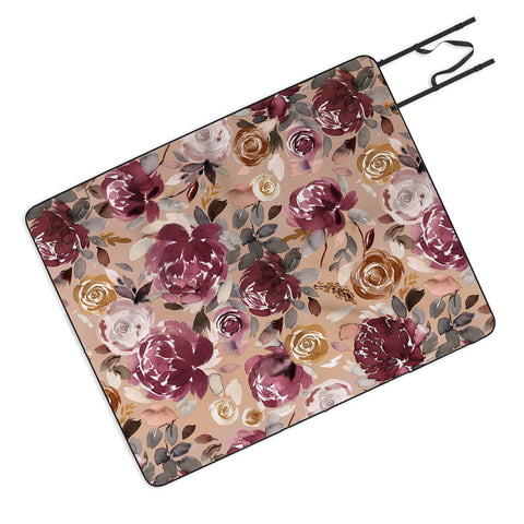 Ninola Design Vintage Peonies Beige Burgundy Picnic Blanket