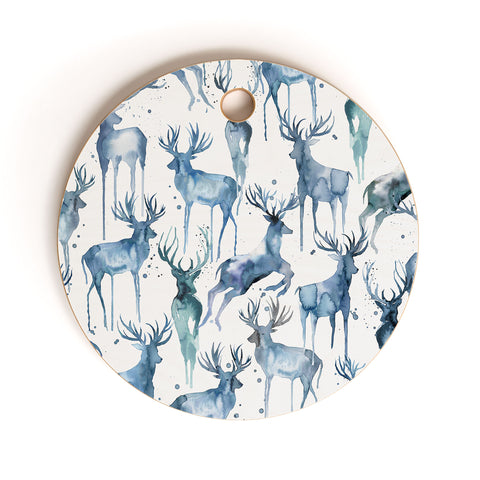 Ninola Design Watercolor Deers Cold Blue Cutting Board Round