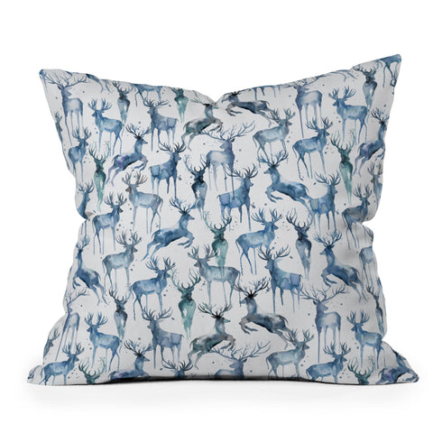 Ninola Design Watercolor Deers Cold Blue Throw Pillow