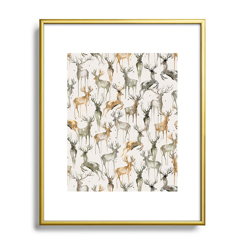 Ninola Design Watercolor Deers Golden Metal Framed Art Print