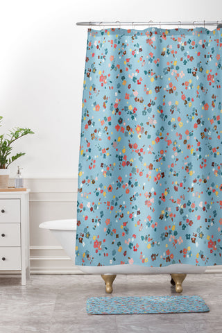 Ninola Design Watercolor Ditsy Flowers Blue Shower Curtain And Mat