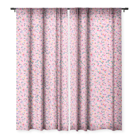 Ninola Design Watercolor Ditsy Flowers Pink Sheer Window Curtain