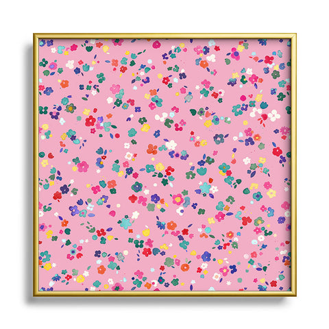 Ninola Design Watercolor Ditsy Flowers Pink Metal Square Framed Art Print