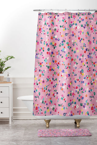 Ninola Design Watercolor Ditsy Flowers Pink Shower Curtain And Mat