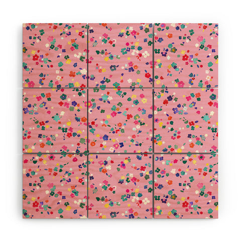Ninola Design Watercolor Ditsy Flowers Pink Wood Wall Mural