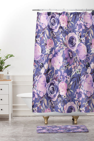Ninola Design Watercolor Floral Very Peri Shower Curtain And Mat