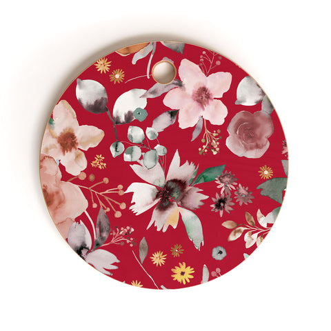 Ninola Design Watercolor flowers bouquet Red Cutting Board Round