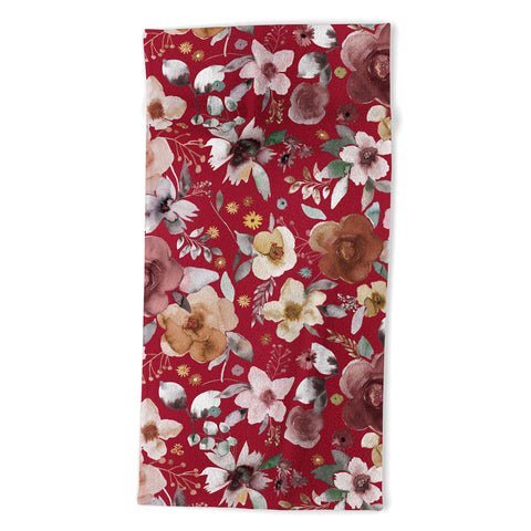 Ninola Design Watercolor flowers bouquet Red Beach Towel