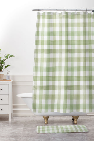 Ninola Design Watercolor Gingham Salad Green Shower Curtain And Mat