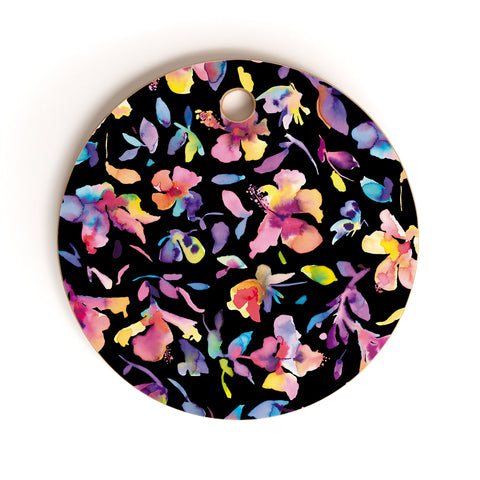 Ninola Design Watercolor Hibiscus Floral Dark Cutting Board Round
