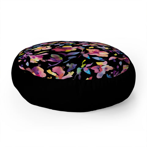 Ninola Design Watercolor Hibiscus Floral Dark Floor Pillow Round